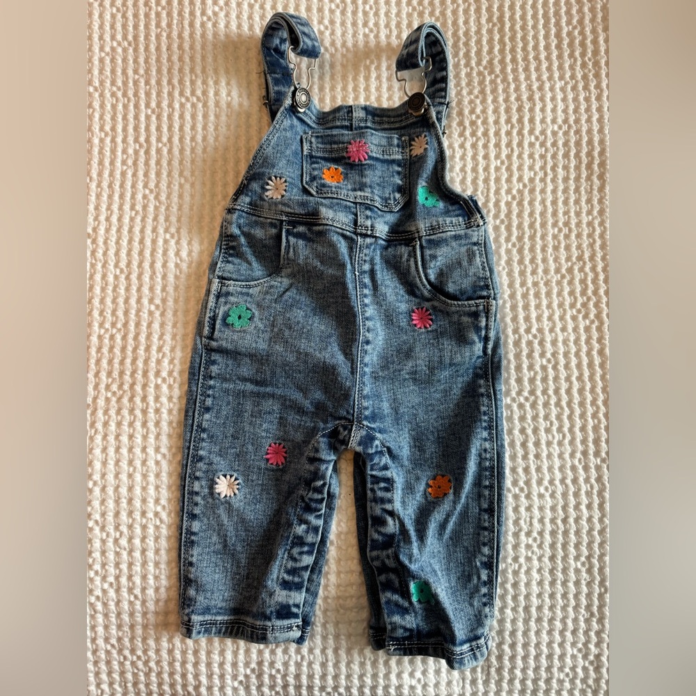Tucker + Tate Flower Embroidered Denim Overalls (Baby)MEDIUM INDIGO WASH FLOWERS